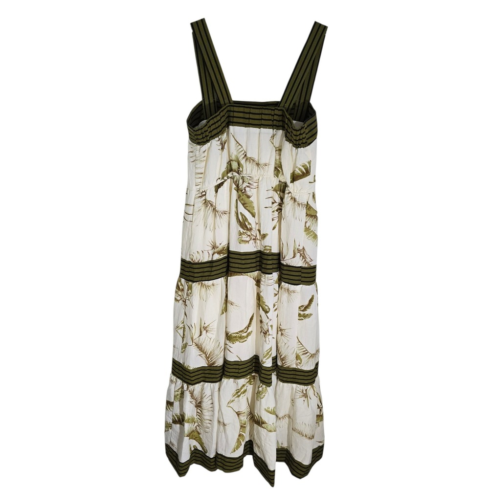 By The River Tropical Palm Print Tiered Midi Dress Olive Green Cream Medium - Picture 2 of 13